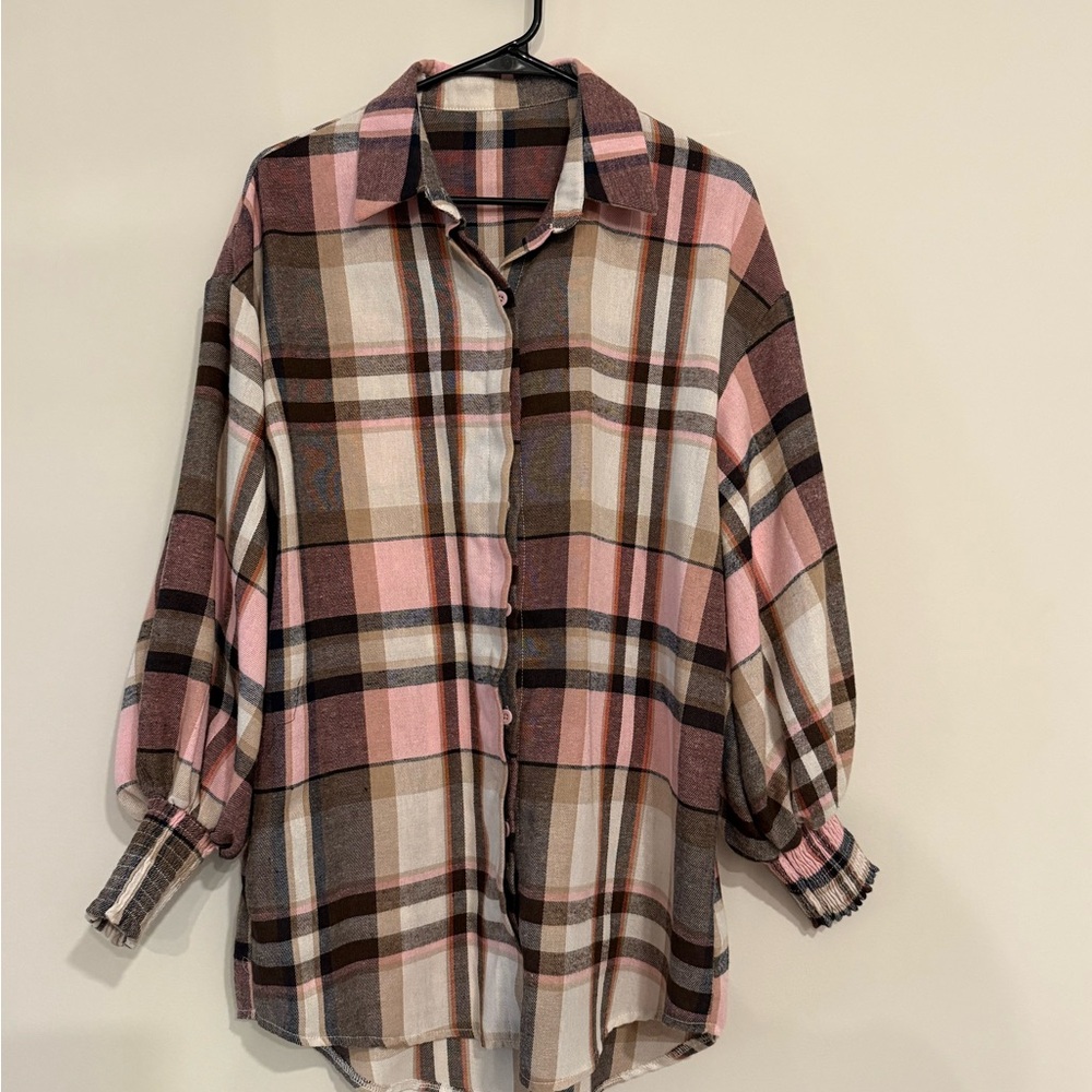 Plaid flannel oversized long sleeve button down shirt/dress/shacket